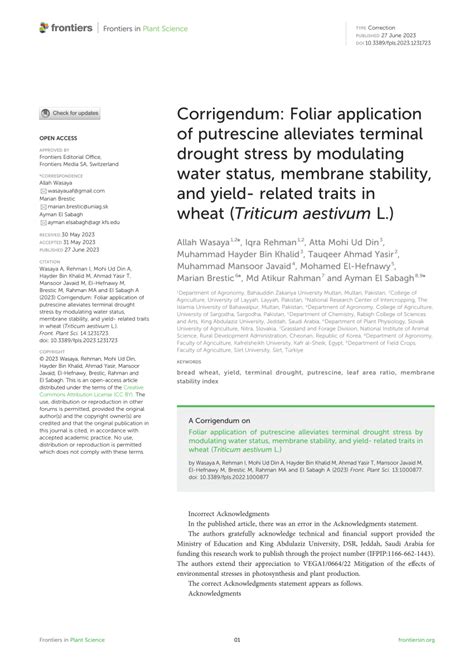 Pdf Corrigendum Foliar Application Of Putrescine Alleviates Terminal