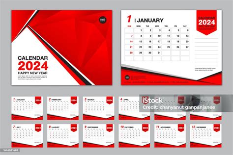 Vektor Set Template Kalender 2024 Minggu Dimulai Minggu Set 12 Bulan Kalender Meja 2024 Tahun