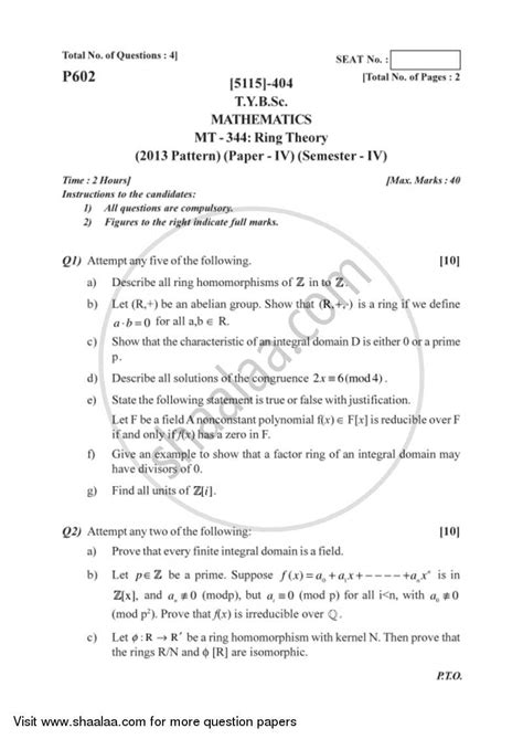 Ring Theory 2016 2017 Bsc Mathematics Semester 6 Tybsc 2013 Pattern