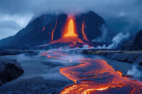 Premium AI Image | close view of a volcanic eruption with lava flows