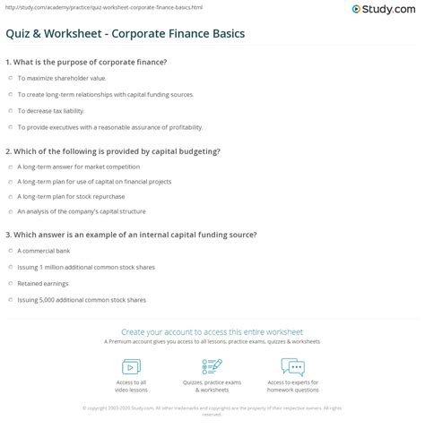 Quiz And Worksheet Corporate Finance Basics