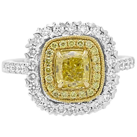 Natural Fancy Yellow Cushion Diamond Double Halo Two Color Gold