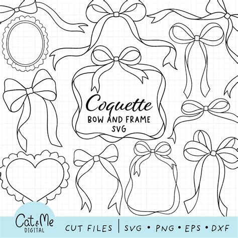 Doodle Coquette Bows Svg Bow And Frame Svg Vintage Ribbon Svg Outline