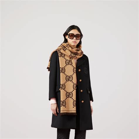 Beige Dark Brown GG Wool Jacquard Scarf GUCCI UK