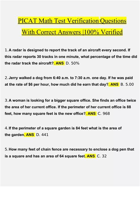 PICAT Math Test Verification Questions With Correct Answers 100