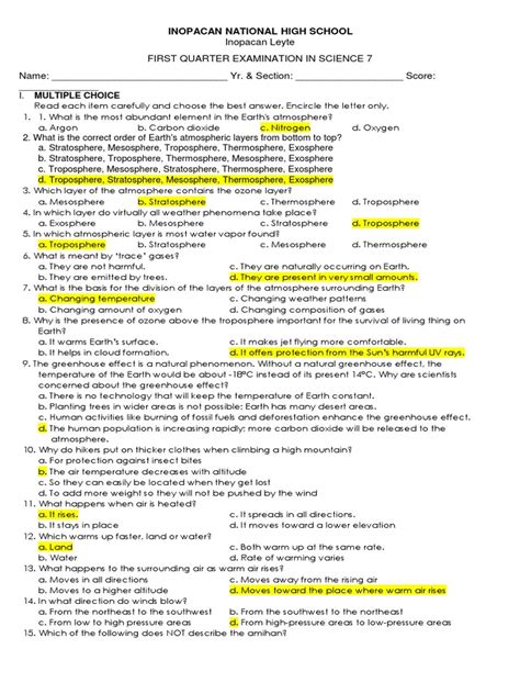 4th Quarter Examination Science 7 Stratosphere Atmosphere Of Earth