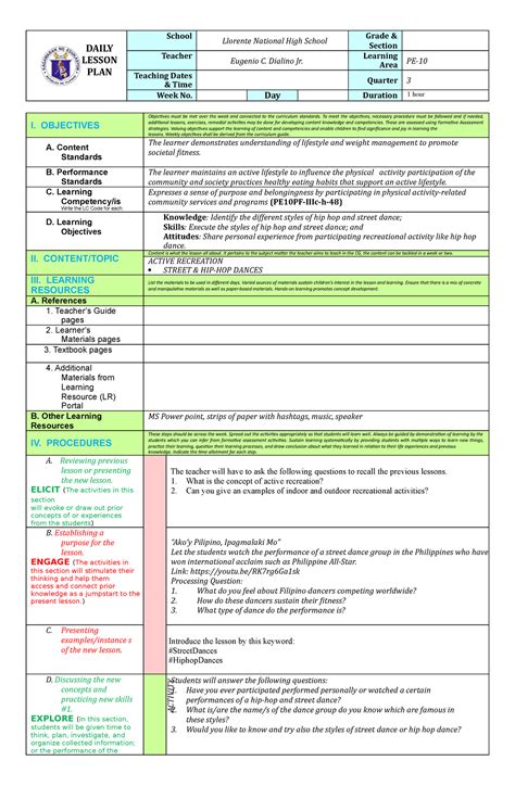 Dlp Cot Q3 Pe10 Dlp Cot Q3 Pe10 Daily Lesson Plan School Llorente