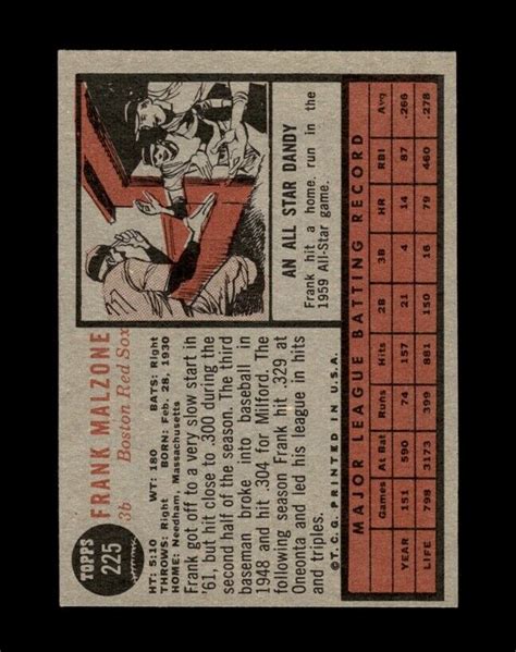 1962 Topps Set Break 225 Frank Malzone EX EXMINT GMCARDS EBay