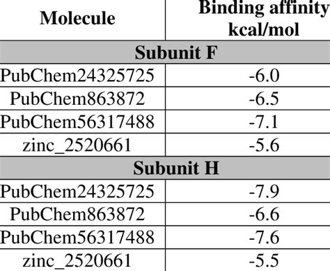 Binding Affinity Kcalmol For Different Molecules For Subunit F And