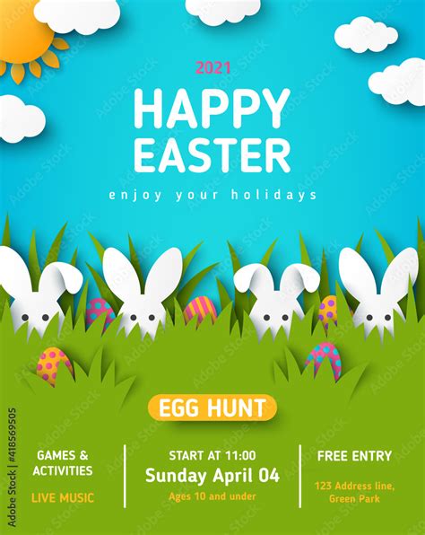 Easter egg hunt announcing poster with white paper cut bunny rabbits in spring lawn grass ...