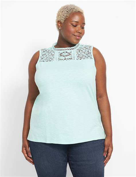 Sleeveless Mock Neck Lace Yoke Tank Lanebryant