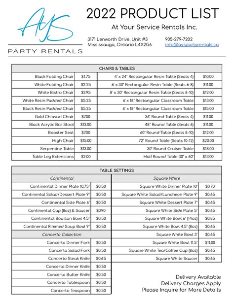 Table Rental Prices