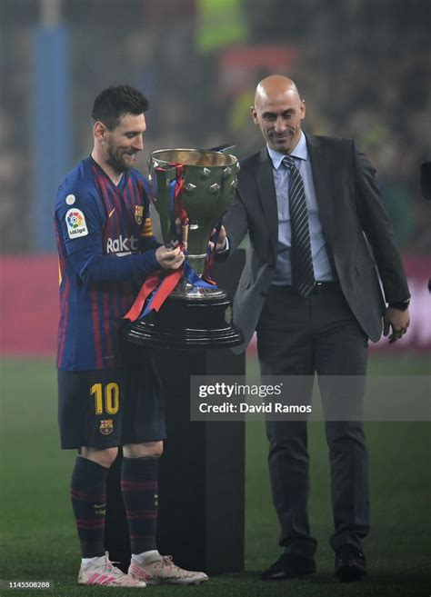 Lionel Messi of FC Barcelona and Luis Rubiales, President of the RFEF ...