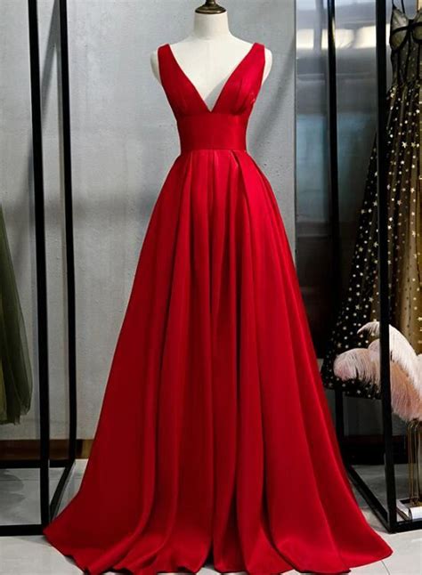 Elegant V Neckline Red Satin Long Party Dress New Prom Gown 2020 Red