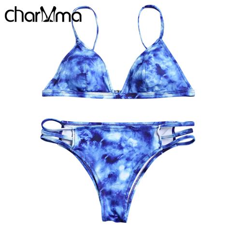 Charmma Spaghetti Strap Tie Dye Bikini 2017 Summer Sexy Blue Bikinis Women Low Waist Swimwear