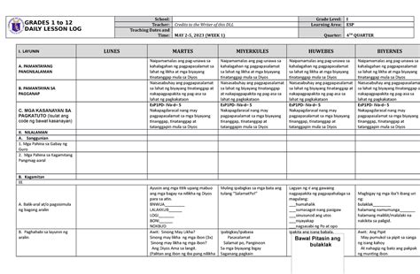 Dll Esp 1 Q4 W1 Logo Samples Grades 1 To 12 Daily Lesson Log School Grade Level I Teacher