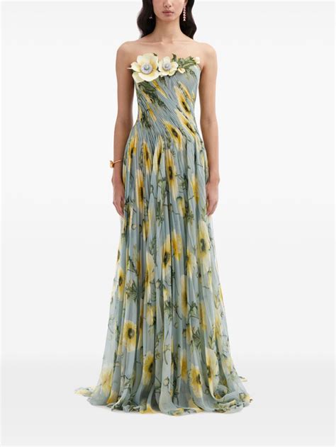 Oscar De La Renta Poppy Print Strapless Chiffon Gown Green Farfetch Uk