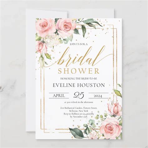 Boho Blush Pink Floral Gold Frame Bridal Shower Invitation Zazzle