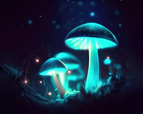 Premium Photo Fantasy Glowing Mushrooms In Mystery Dark Forest Closeup