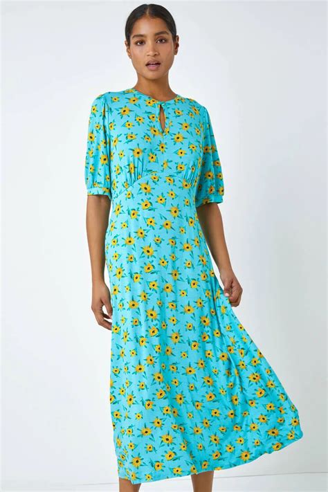 Roman Sunflower Print Keyhole Stretch Midi Dress In Blue 16 Female