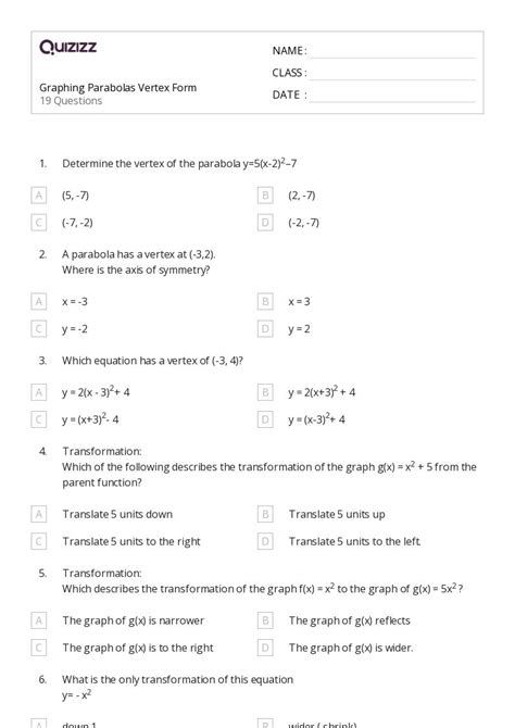 Graphing Parabolas Worksheets For Th Year On Quizizz Free