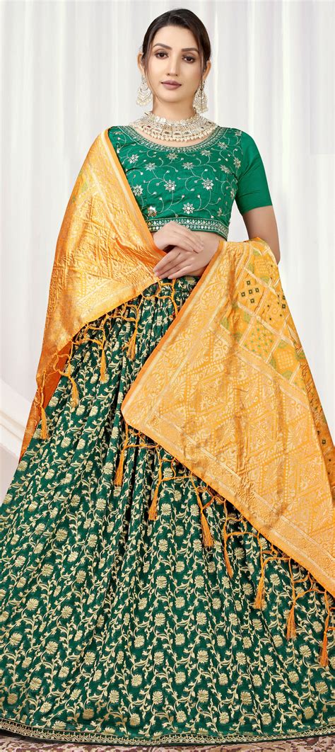 Festive Mehendi Sangeet Traditional Green Color Jacquard Fabric