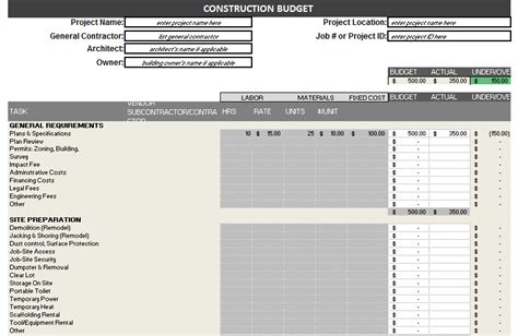 Construction Budget Excel Template