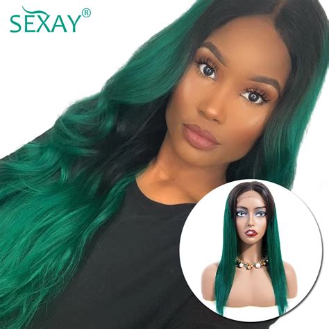 Sexay 1bgreen Ombre Human Hair Wig Brazilian Remy Hair Pre Colored 4x4 Glueless Lace Closure