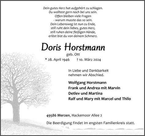 Traueranzeigen Von Doris Horstmann Noz Trauerportal