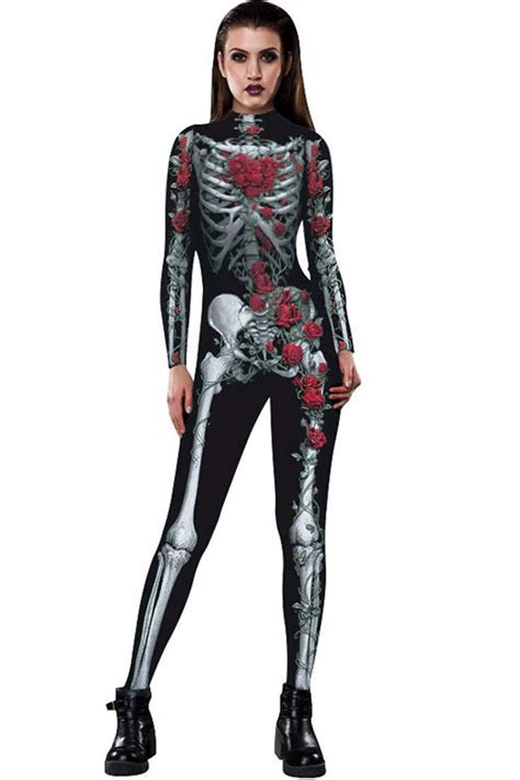 Halloween Human Skull Skeleton Bone Bodysuit 3d Print Funny Skinny Stretch Costume Overall