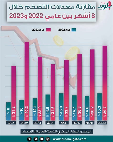 إنفوجراف مقارنة معدلات التضخم في مصر خلال 8 شهور بين عامي 2022 و2023