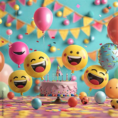 Colorful Balloons With Happy Faces Emojis Confetti And Cake With