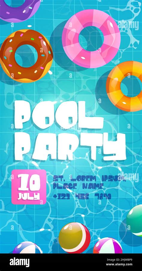 Pool Party Poster Summer Background With Colorful Inflatable Rings And