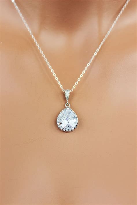 Cubic Zirconia Bridal Necklace Rhinestone Tear Drop Wedding Necklace Crystal Drop Bridal