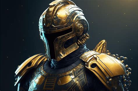 Soldado Dourado Em Armadura Futurista Configurando Scifi Cyberpank