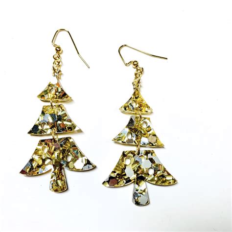 Christmas Earrings Christmas Tree Earrings Gold Glitter - Etsy