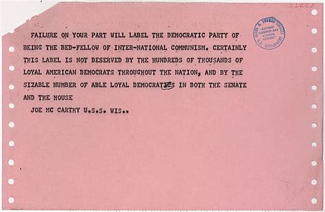 Telegram From Senator Joseph Mccarthy To President Harry S Truman