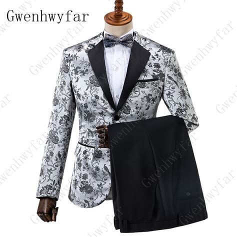 Gwenhwyfar 2019 Fashion Floral Printing Mens Blazer 3 Pieces Silver