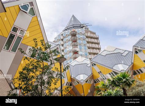 Cube Houses With Yellow Facades And Slanted Windows In The Background