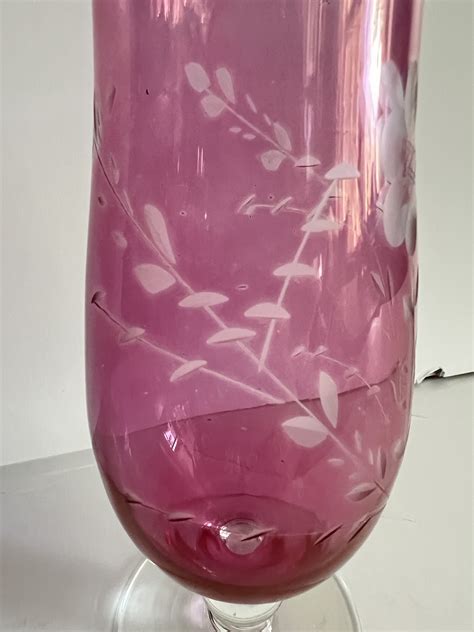 Vintage Cranberry Glass Etched Rose Vase Antique Cranberry Etsy