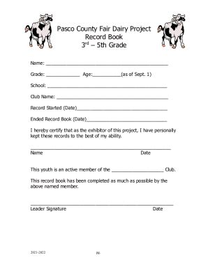 Fillable Online Pasco County Fair Rabbit Project Record Book 3rd Grade