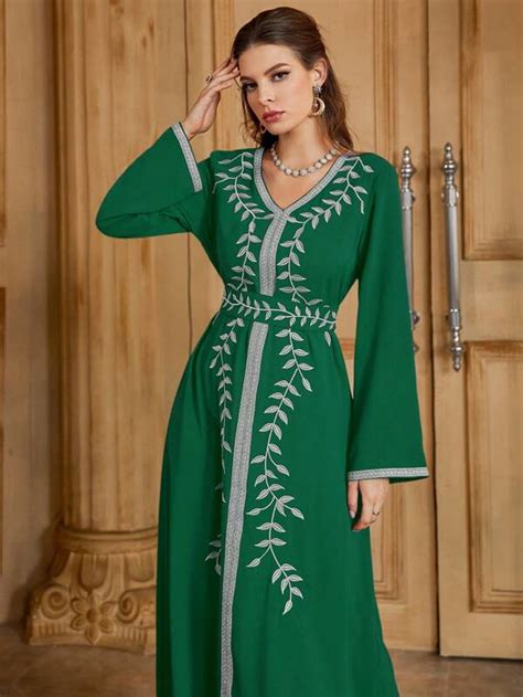 Shein Najma Plants Embroidery Contrast Trimmed Belted Jalabiya Shein Usa