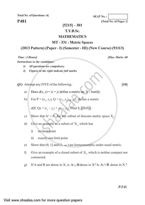 Metric Spaces 2017 2018 Bsc Mathematics Semester 5 Tybsc 2013
