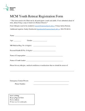 Fillable Online Mennochurch Mb MCM Youth Retreat Registration Form Fax