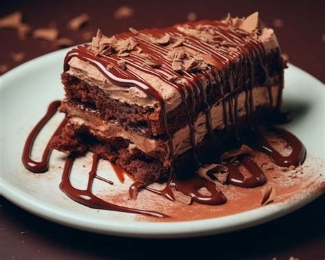 Un Morceau De Gâteau Au Chocolat Sur Une Plaque Blanche Vecteur Premium