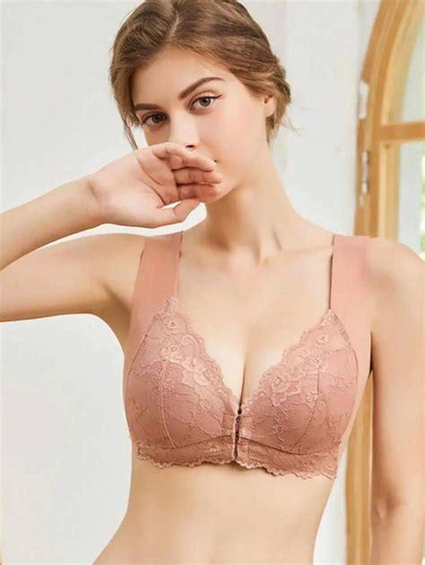 Womens Lace Front Closure Push Up With Anti Sagging Features Sexy Sleep Bra Shein Usa