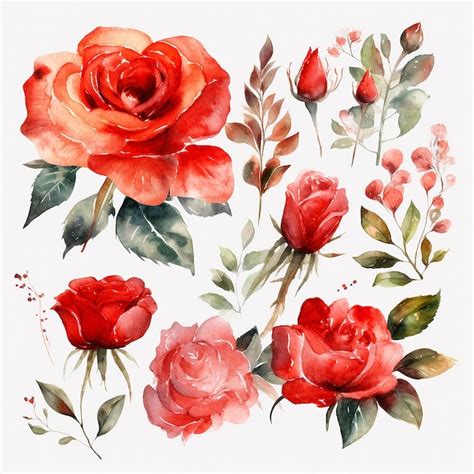 Conjunto De Rosas Vermelhas Em Aquarela Isoladas No Fundo Branco Foto