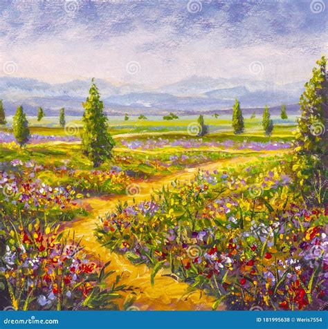 Original Oil Painting Of Country Road In Flowers Fields Stock Photo