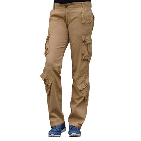 Womens Khaki Match Cargo Pants Solid Military Army Combat Style Cotton