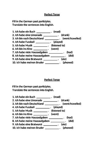 Quick German Perfect Tense Starter Task Teaching Resources